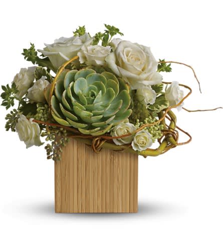 White roses and a green succulent arranged in a wooden cube vase