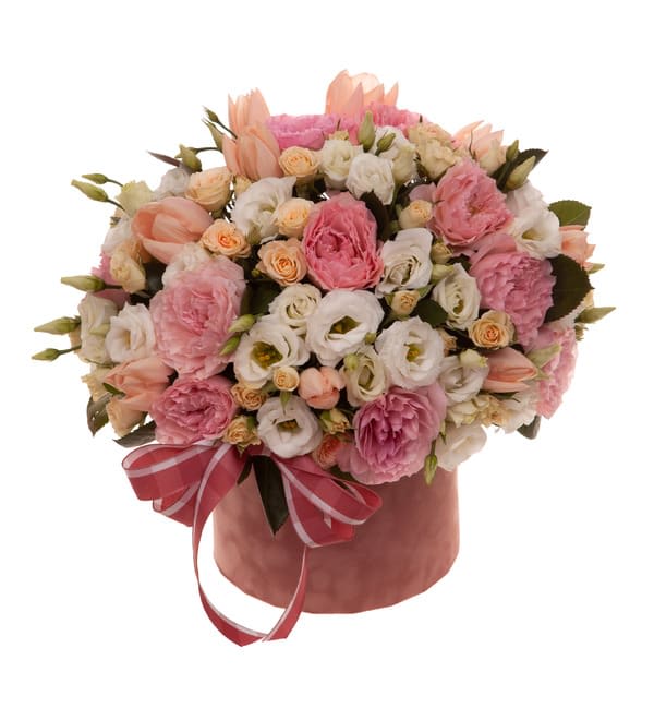 Composition "Perfect Music" - The Composition "Perfect Music" arrangement is the perfect way to say, "You deserve the world." With an exquisite mixture of pink and white Lisianthus, lavender stock, pink Garden Roses  white ,PeachTulips, this dreamy bouquet will have them falling in love with you all over again. 