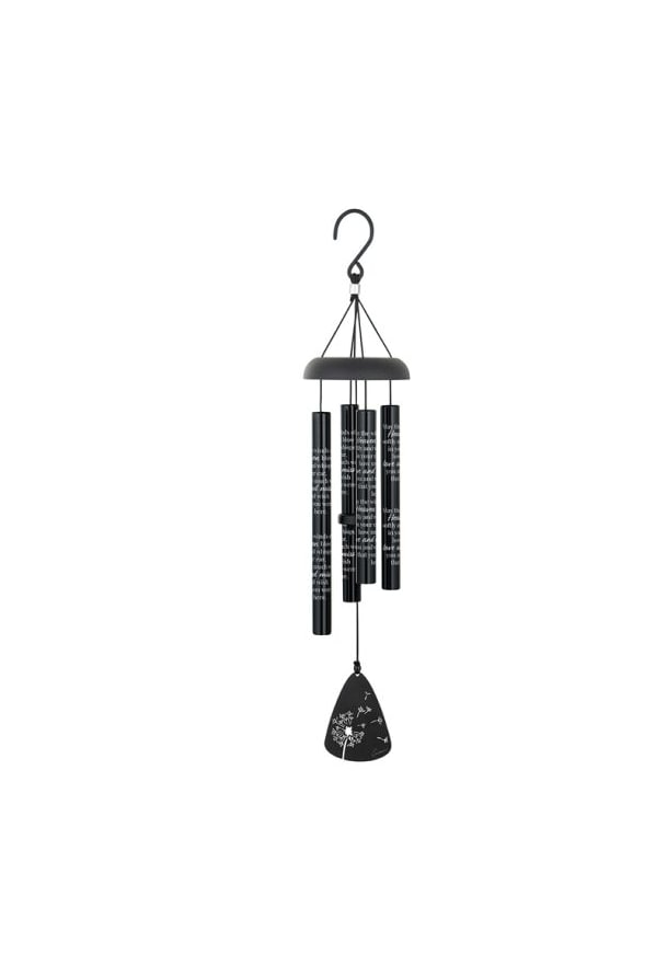 Black hanging wind chime with four tubes and a teardrop-shaped pendant