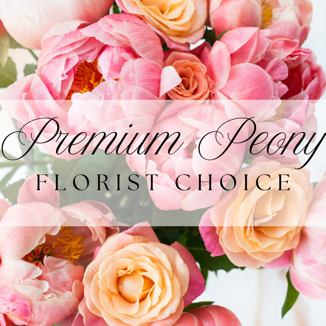 Peony Florist Choice  - Let beauty bloom with our Premium Peony Bouquet—a florist’s choice arrangement featuring the freshest, healthiest peonies locally grown in Posey County. Designed by our professional floral artists, this lush bouquet may also include roses, daisies, alstroemeria, and seasonal fillers to perfectly complement the vibrant peonies. No two arrangements are exactly alike, ensuring a one-of-a-kind gift crafted with care, creativity, and the finest local blooms.