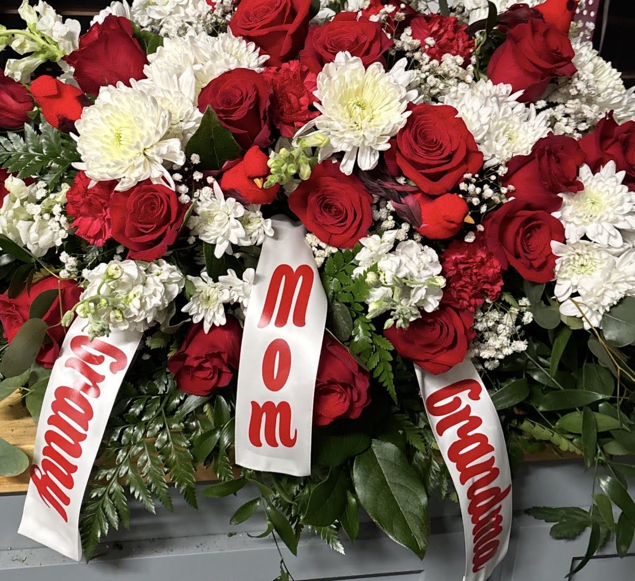 Banner for Spray  - Banner to attach to standing or casket spray. 4 words maximum, white ribbon with gold lettering. 