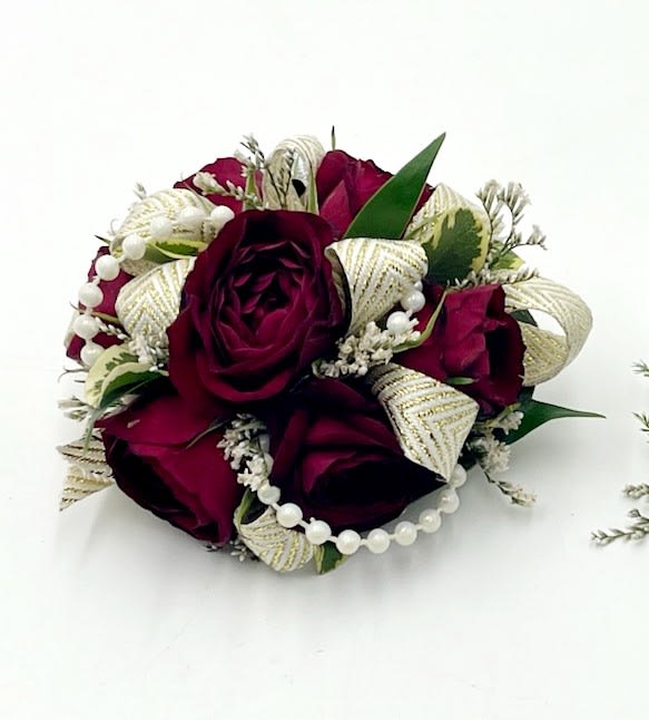 Classy &amp; Pearls Wristlet - A boutonniere and wrist corsage set of red spray roses, pearl detailing and white and gold chevron ribbon. The wristlet will come on a standard grey wristband that is elastic.  Depending on availability of ribbon, may change slightly.