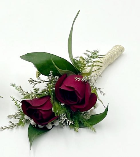 Classy &amp; Pearls Boutonniere - A boutonniere of red spray roses, pearl detailing and white and gold chevron ribbon.  Each boutonniere comes with two metal pins to pin on a jacket lapel or shirt. Depending on availability of ribbon, may change slightly.