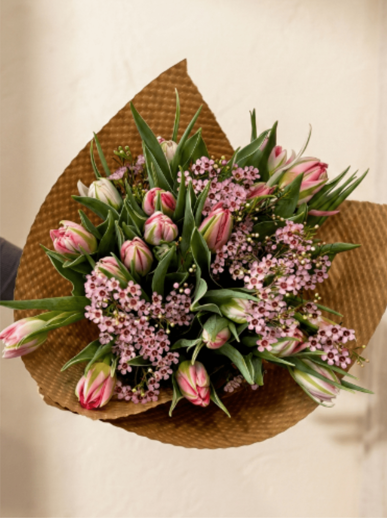 BP19 - Pink Tulips with Wax Flowers Bouquet - Double Pink Tulips with Wax Flowers Bouquet 