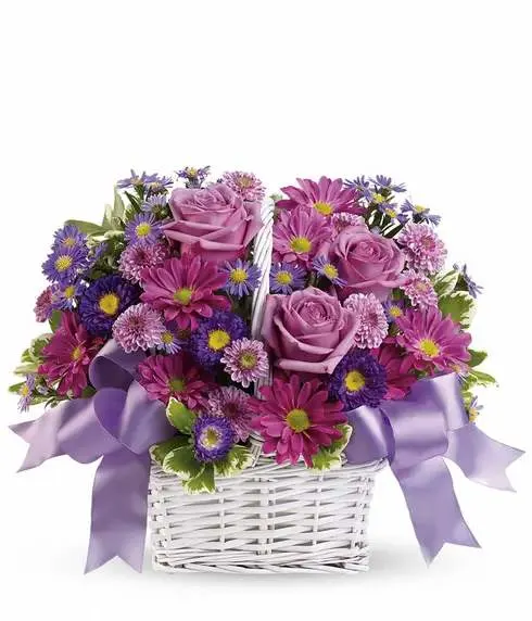 Daydream   Basket - Daydream in color with this rose and daisy dream worthy bouquet! This spring-inspired arrangement blooms with an uplifting array of rich colors. Lilac chrysanthemum and cushion spray mum blossoms are charmingly arranged with purple Monte Casino aster and lush greens for a look that is simply stunning. These bouquets of flowers are presented in woven baskets and are accented with a colorful ribbon. Send one as a wonderful gift for a birthday, anniversary, or just because.