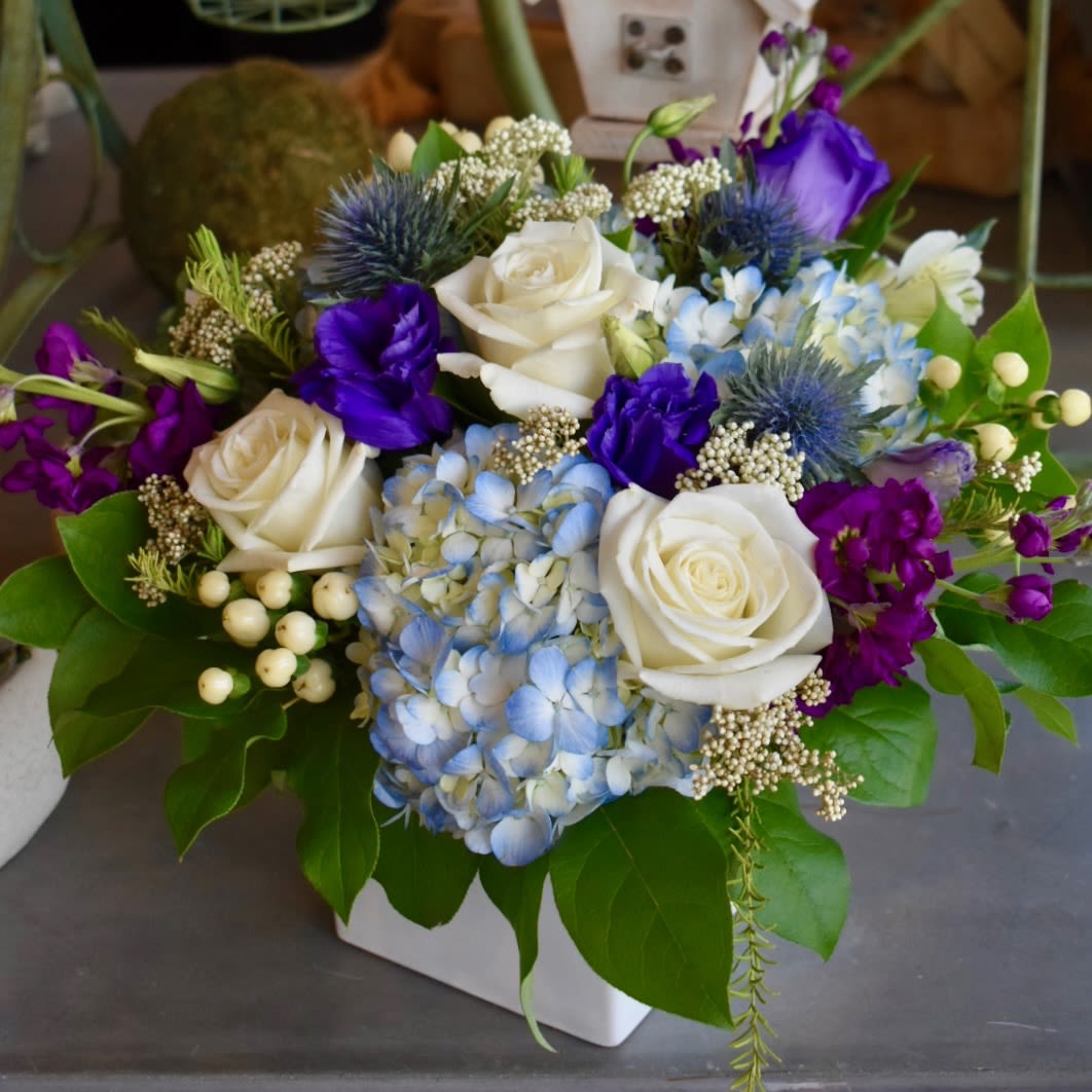 She Deserves The World - This perfect blend of coastal hues boasts blue hydrangea, white roses, purple stock, purple lisianthus, white hypericum, thistle, white alstromeria and white riceflower in a white cubic vessel.