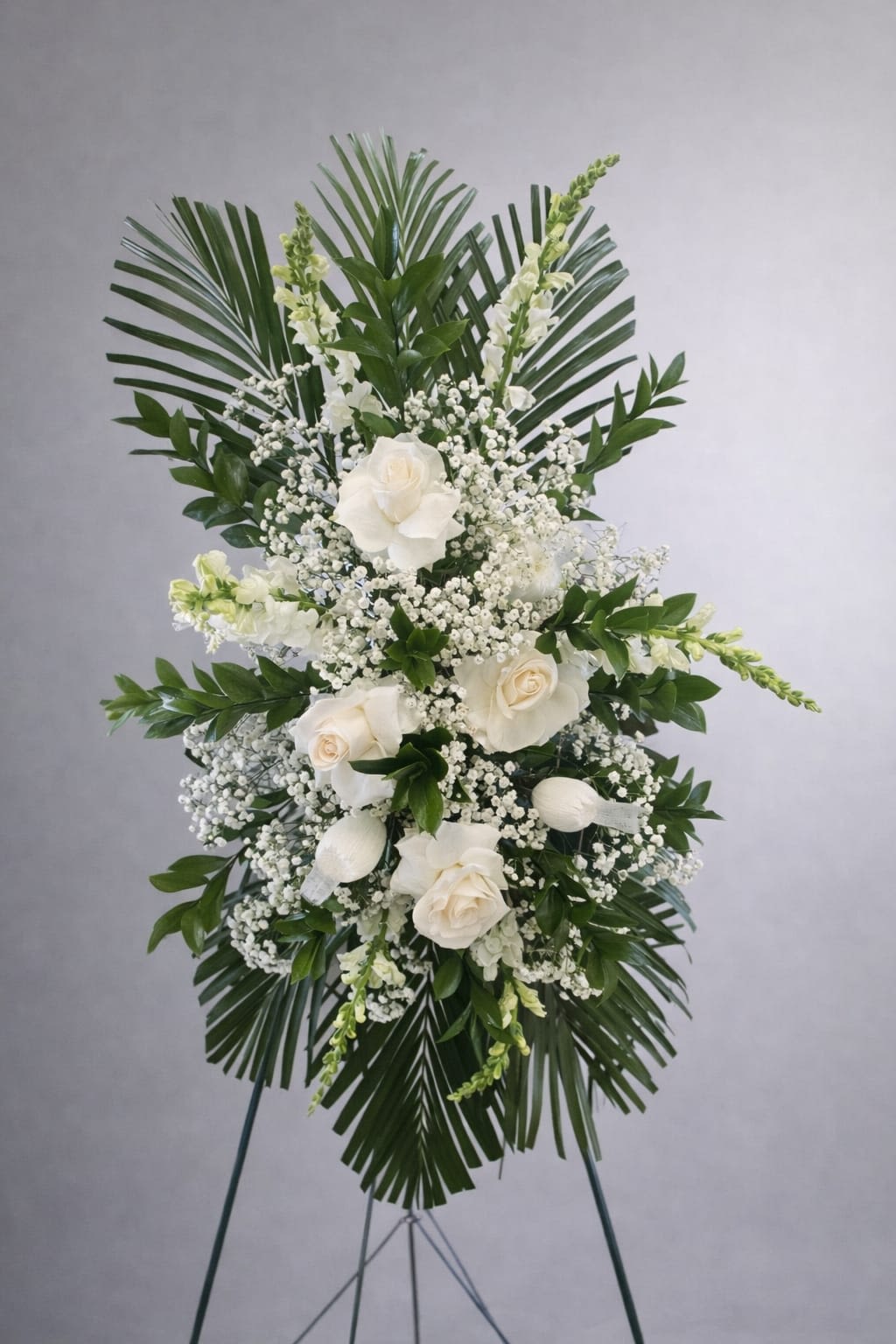 White Serenity Tribute - White Serenity Tribute opens with a calm, ceremonial presence-the large standing spray crafted for sympathy or memorial services that gently honors a life. The all-white palette of roses, daisies and tall snapdragon spikes reads as peaceful and dignified so the person you're remembering will be met with quiet, respectful beauty.  Clusters of white roses and airy baby's breath sit against tall white snapdragons and simple white daisies, framed by broad palm fronds and glossy green foliage for a formal, structured silhouette. The arrangement has strong vertical emphasis and a traditional, orderly feel; it arrives ready to display on a sturdy metal easel.  Designed for funerals, memorials, and remembrance services, this tribute communicates sympathy and reverence-the kind of arrangement that helps mourners feel comforted and seen. Size and presentation suit chapel or graveside display; no special care is required beyond keeping flowers cool and sheltered until the service.