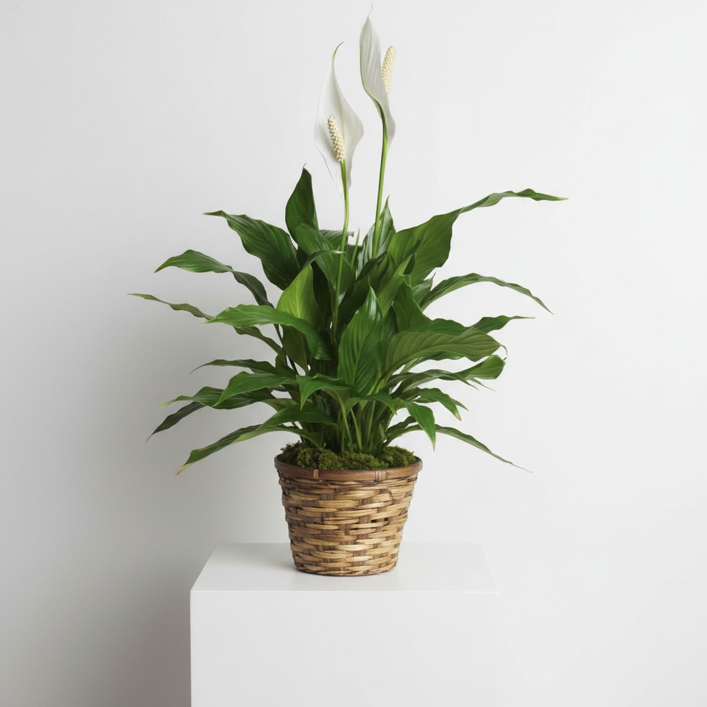 Peace lily plant with broad green leaves and white blooms in a woven basket planter.