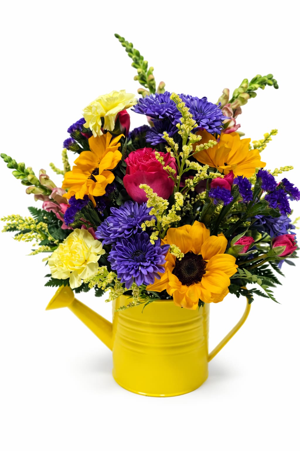 Sunny Garden Watering Can - Brighten their day with this cheerful arrangement bursting with sunflowers, roses, and vibrant seasonal blooms in shades of yellow, purple, and pink. Designed in a charming yellow watering can, this fresh bouquet brings a touch of sunshine and garden-inspired beauty to any space.  Perfect for birthdays, get well wishes, or just because.