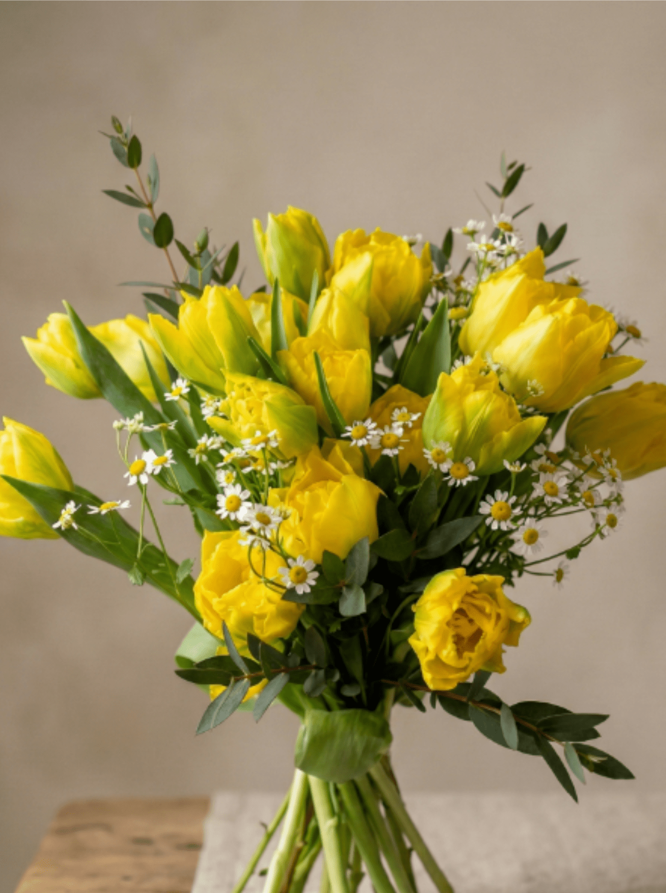 BP38 - Yellow Tulips with Chamomile Bouquet - Double tulips with chamomille.  