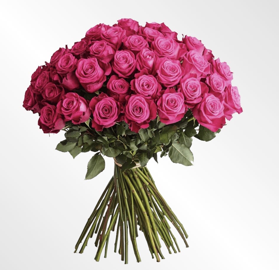 Blush Luxe Hot Pink Rose Hand-Tied Bouquet - A bold expression of love and celebration, this stunning hand-tied bouquet features a generous cluster of vibrant hot pink roses, expertly arranged to create a full, rounded silhouette. Each bloom is carefully selected for its rich color and velvety petals, making the bouquet feel both luxurious and eye-catching. Finished with natural stems for an elegant, organic look, it’s perfect for birthdays, anniversaries, romantic gestures, or anytime you want to make a lasting impression.