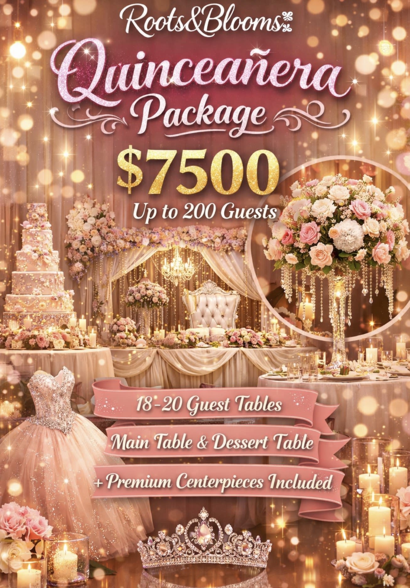 Quinceanera package - uinceañera Floral &amp; Décor Package – $7,500  Celebrate this once-in-a-lifetime moment with a beautifully curated floral and décor experience by Roots &amp; Blooms. Designed with elegance and attention to every detail, this package transforms your event into a dreamy, unforgettable setting.  Includes: • Design for up to 200 guests (18–20 tables) • Custom main table + dessert table décor • Luxury floral centerpieces for every table • Coordinated styling to match your theme and color palette  Every arrangement is thoughtfully designed to create a cohesive, elevated look that feels both timeless and unforgettable.