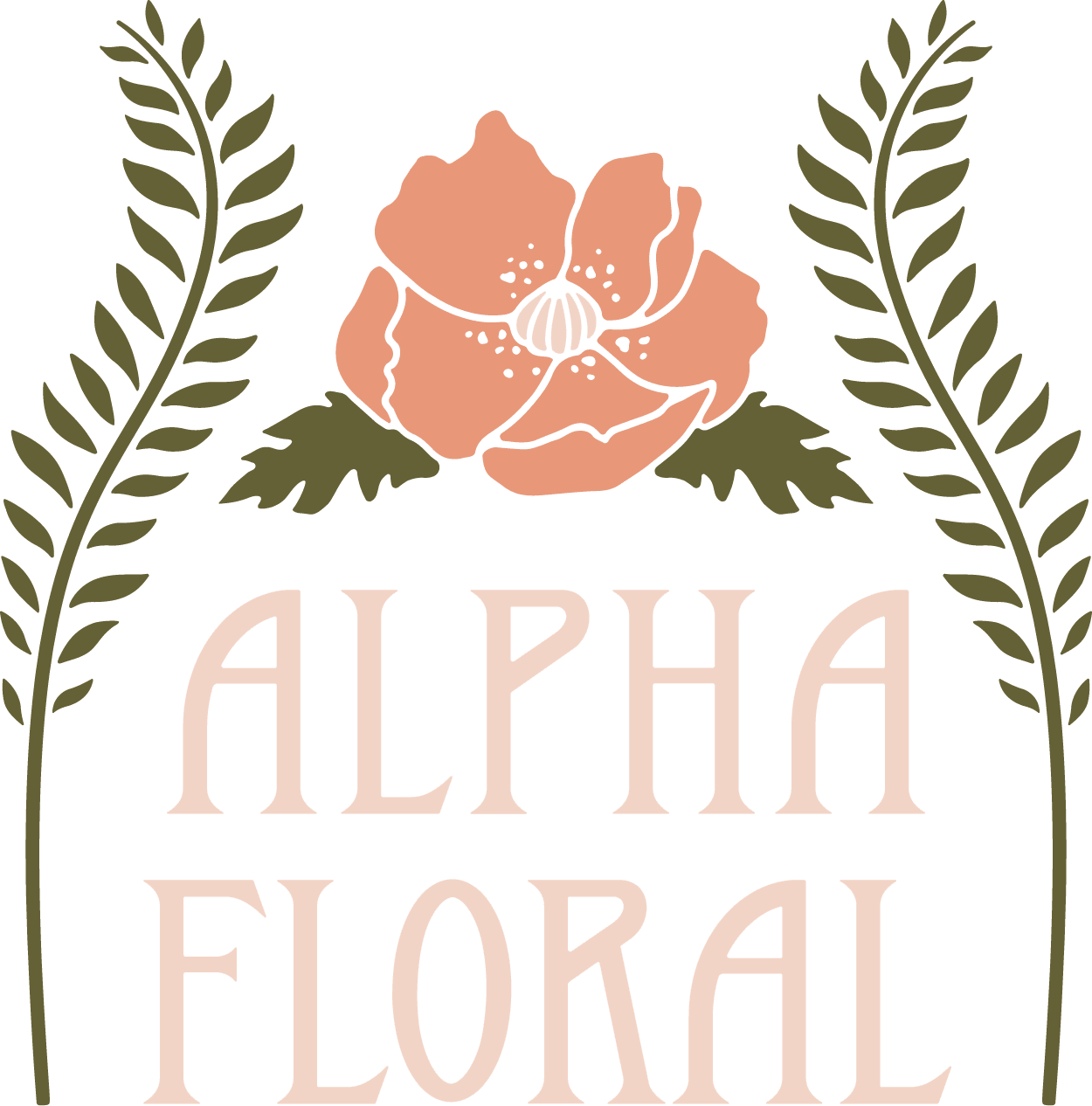 Alpha Floral logo with a peach flower and leafy branches on green background
