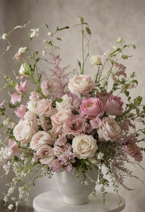 Mother's Day Collection La Reina  - The queen of the collection. Reserved for the mother who reigns.  La Reina is the most luxurious expression of the Florecitas Mother's Day Collection — an overflowing, lush arrangement featuring garden roses, Juliet roses, ranunculus in blush and salmon, lisianthus, spray roses, sweet pea and trailing jasmine foliage. Generous. Unforgettable. Designed to take her breath away.  Each arrangement is hand-designed to order and built with the same elevated intention we bring to every wedding and luxury event we design.  Available as a hand-tied bouquet or vase arrangement. Pre-orders close May 1. Pickup available in Southern California Wine Country.