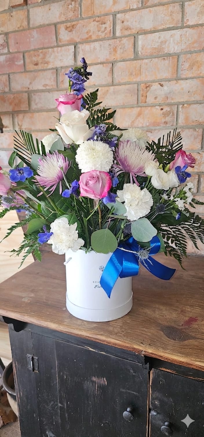 Pink, Blue &amp; You - A thoughtful mix of soft pinks and cool blues, designed to celebrate every kind of love. Whether it’s from the kids, for a partner, or honoring a growing family—this one says it all, beautifully. Florist-curated using the freshest seasonal blooms.   Please note: Flower varieties and accent tones may vary slightly based on seasonal availability. Standard Box is approximately 5" x 5.5" Deluxe Box is approximately 6.5" x 6.5" Premium Box is approximately 7.25" x 7.25"