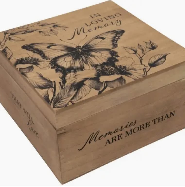 Wooden memorial box with butterfly and floral engraving
