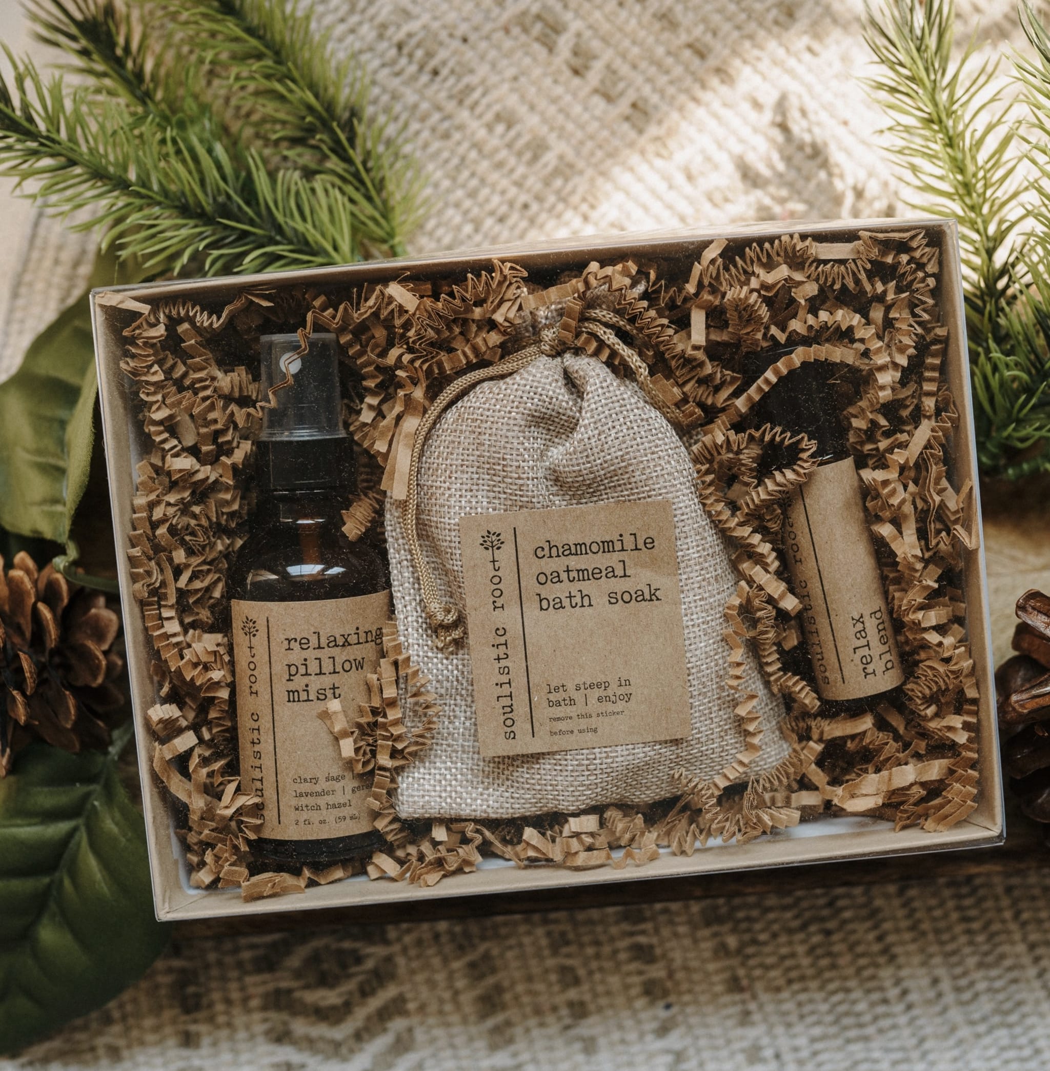 Gift box with bath soak, pillow mist, and a small bottle of blend