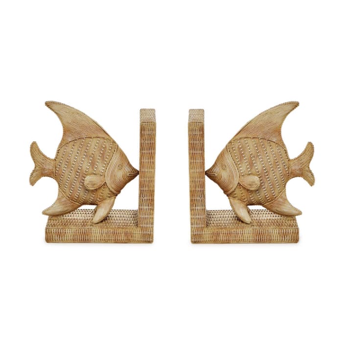 Pair of woven fish-shaped bookends on a white background