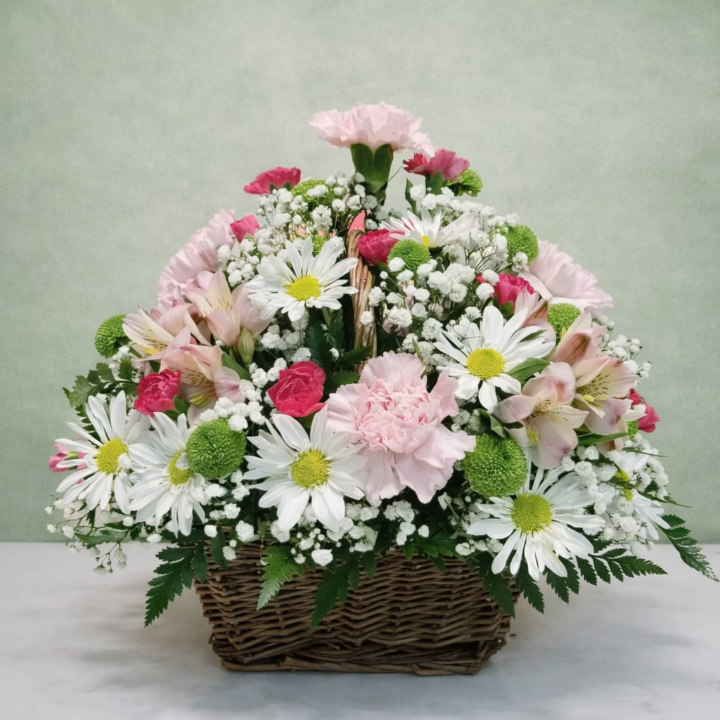 Basket arrangement with white daisies, pink carnations, spray roses, and green button poms