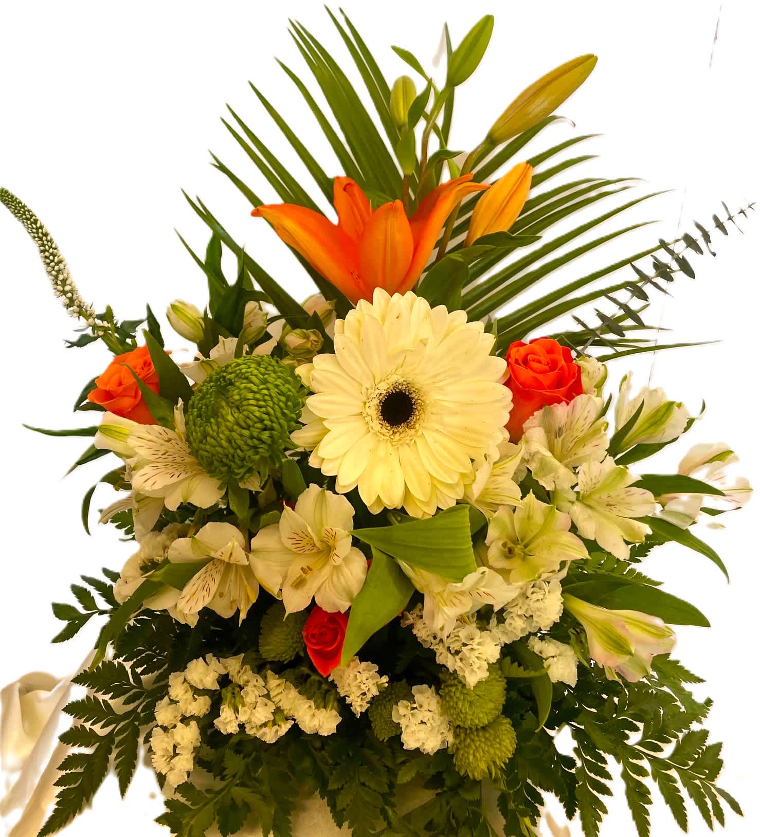 Mixed bouquet with orange lilies, white gerbera daisies, and cream flowers