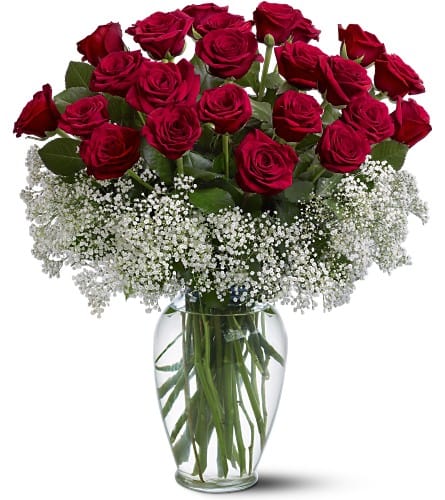 Red roses with white baby's breath in a clear glass vase