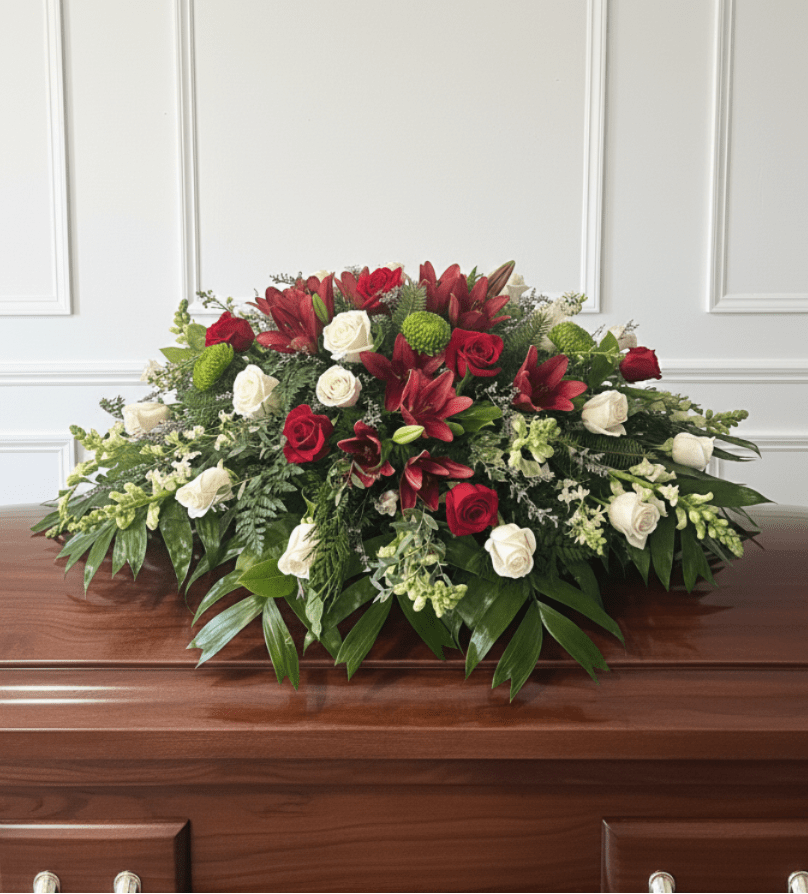 Formal Tribute - A broad, low casket spray that settles across the top with classic red and white blooms-this formal tribute combines deep red roses and lilies with white roses to create a solemn, traditional statement perfect for a funeral or memorial. The rich red and crisp white palette reads as respectful and timeless, giving the person you're honoring a dignified, heartfelt presence in the service.  Designed to span the casket, the arrangement is densely composed and symmetrical, layered with assorted greenery and small green accent blooms that soften the edges and add texture. Trailing foliage provides gentle movement while the tight grouping of roses and lilies ensures a full, lasting display that contrasts beautifully with dark wood caskets.  Made for moments that call for grace and restraint, this casket spray communicates deep sympathy and reverence-an appropriate choice for family members, close friends, or a partner. For sizing or placement details and to confirm delivery for the service, please contact us so we can ensure timely, respectful handling.