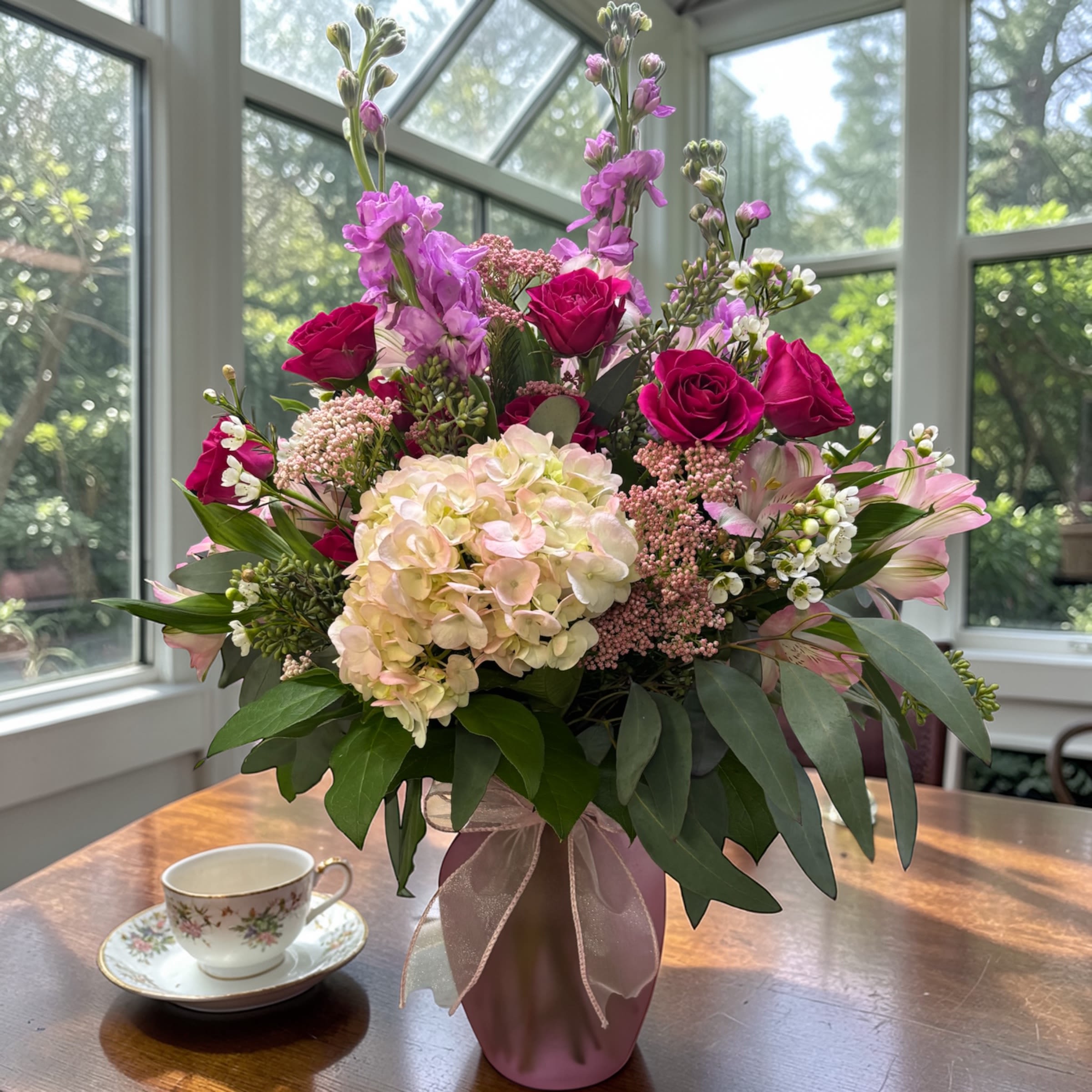 Always Graceful -  Always Graceful  Always Graceful is a soft, romantic arrangement designed with layered pink tones and natural garden texture. Featuring hydrangea, roses, stock, alstroemeria, and fresh greenery, it creates a full, airy look that feels elegant without being overworked.  The blush palette and flowing design give it a light, effortless presence—something that feels just as at home on a kitchen table as it does in a more formal setting. Styled in a pink vase and finished with a delicate ribbon, it’s polished but still warm and approachable.  A versatile choice for birthdays, welcoming a new baby, anniversaries, Mother’s Day, sympathy, thinking of you, or simply because, Always Graceful is designed to fit real life—not just special occasions.  Available for local delivery through Aspen Tower Florist, serving Greensburg and Shelbyville along with Rushville, Batesville, Westport, Oldenburg, St. Paul, Waldron, and Milroy. 