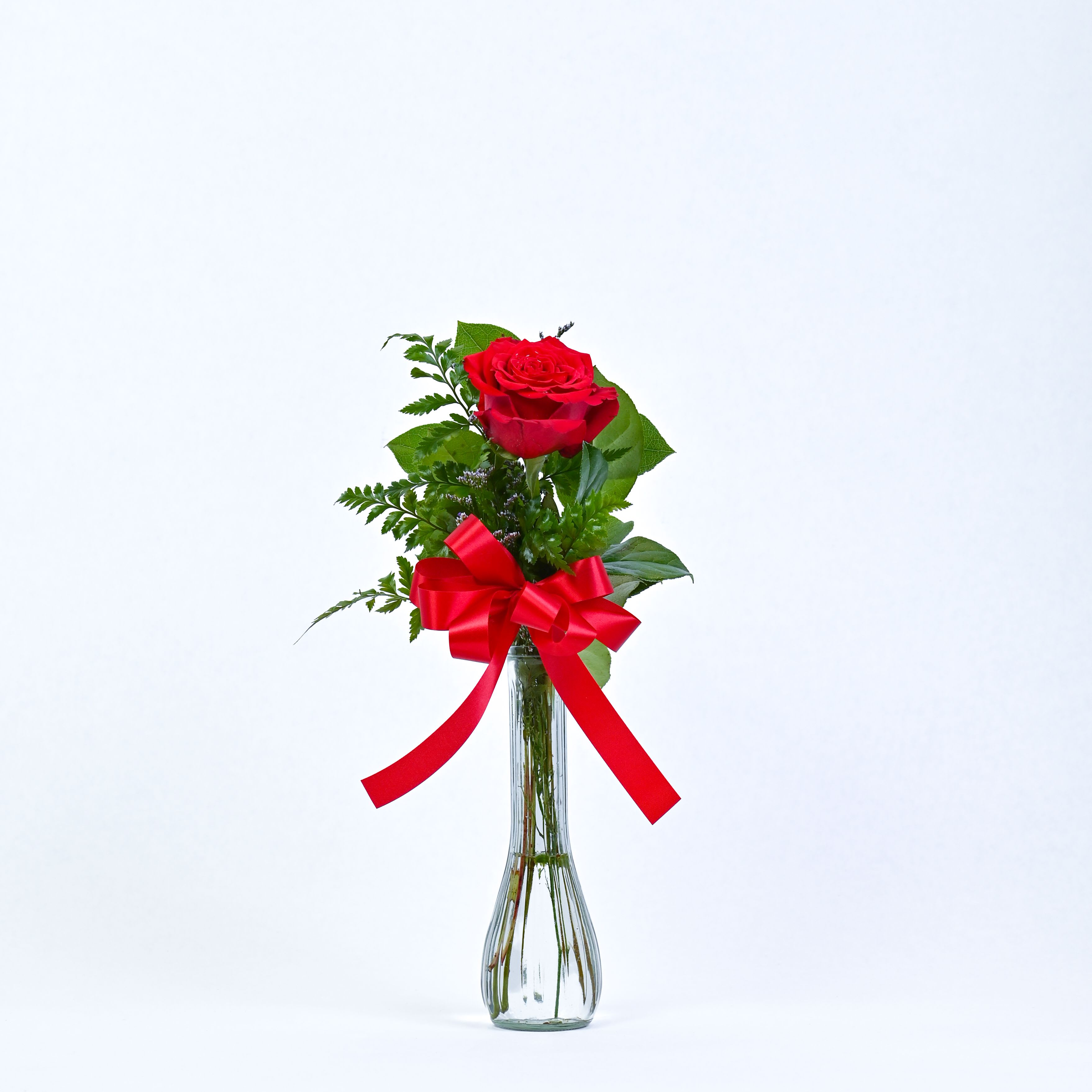 Single red rose in a clear glass vase with a red ribbon