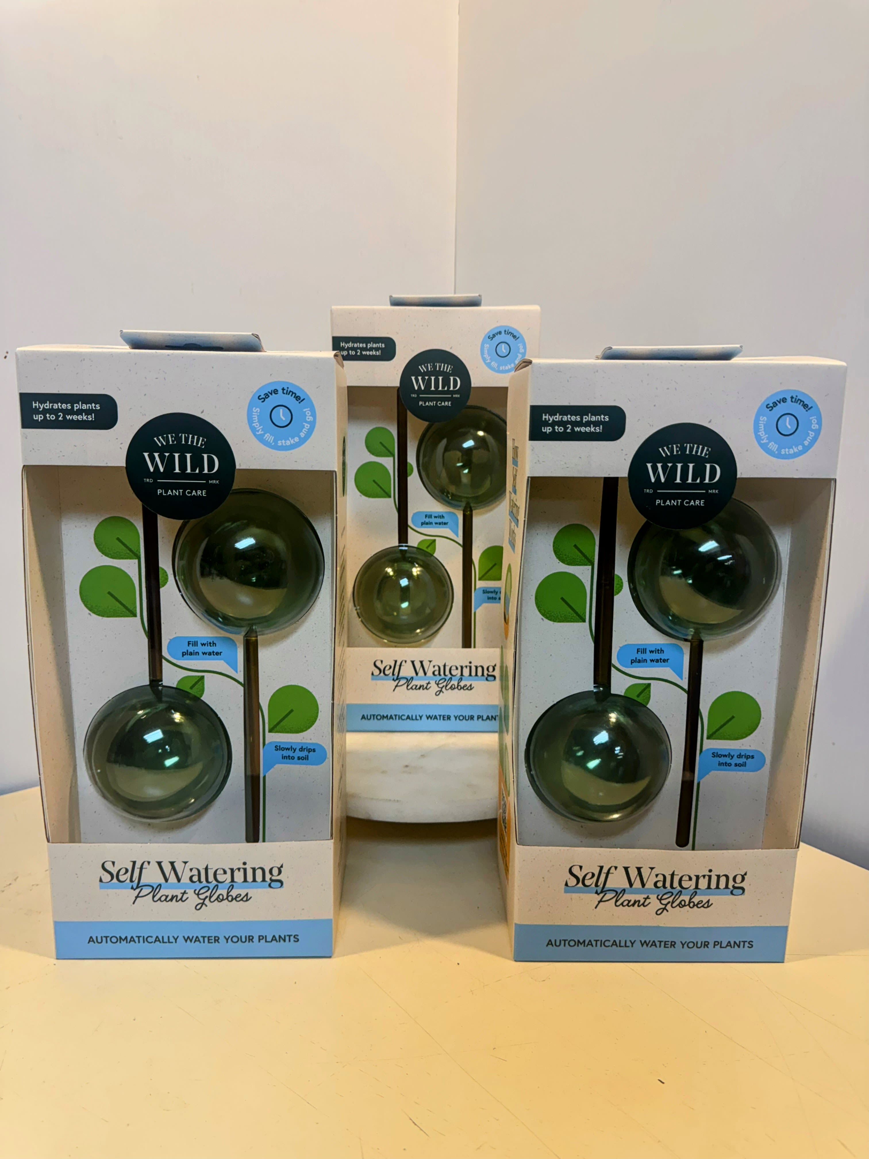 Three boxed self-watering plant globes on a table