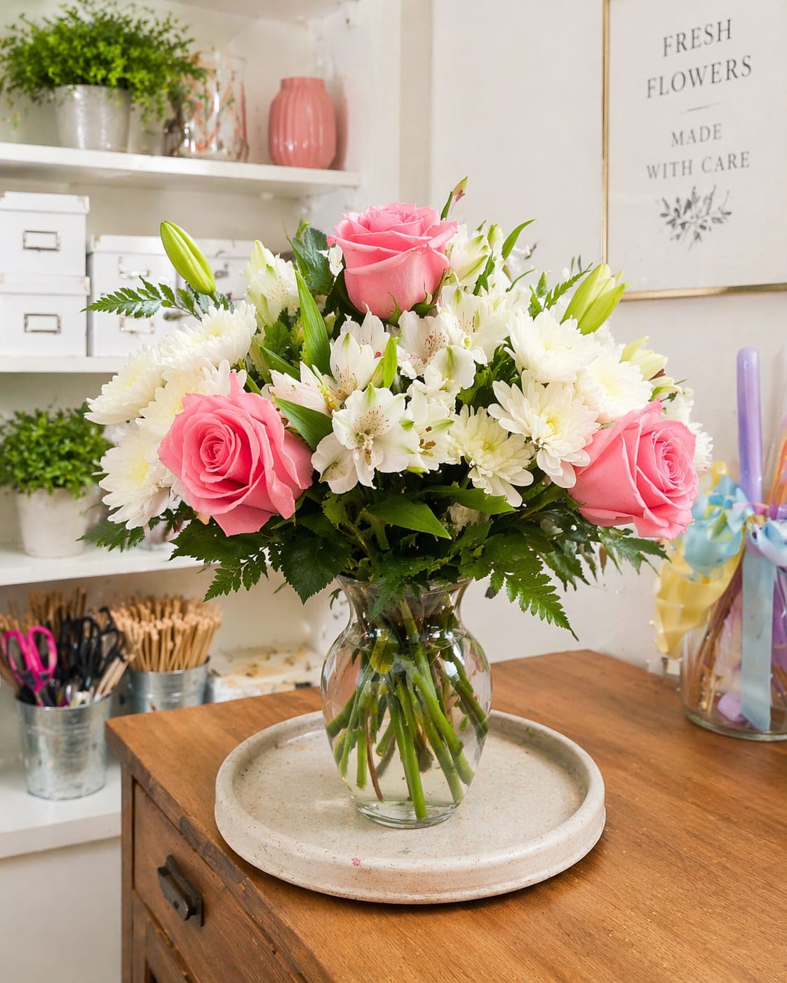 Elegant blush  - A soft and romantic arrangement featuring pink roses, white chrysanthemums, and delicate alstroemeria, accented with fresh greenery in a clear glass vase. Perfect for anniversaries, sympathy, or a sweet, elegant gift.