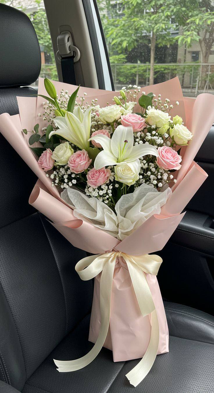 Pink and white bouquet with lilies and roses wrapped in blush paper