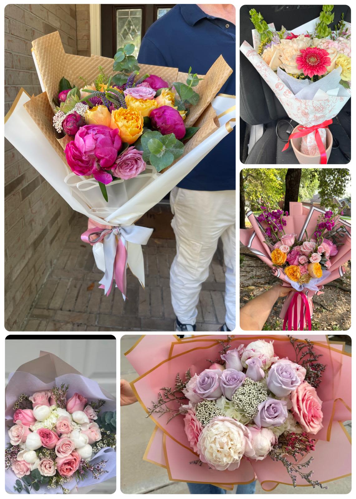 Handheld bouquets of pink, lavender, yellow, and white roses