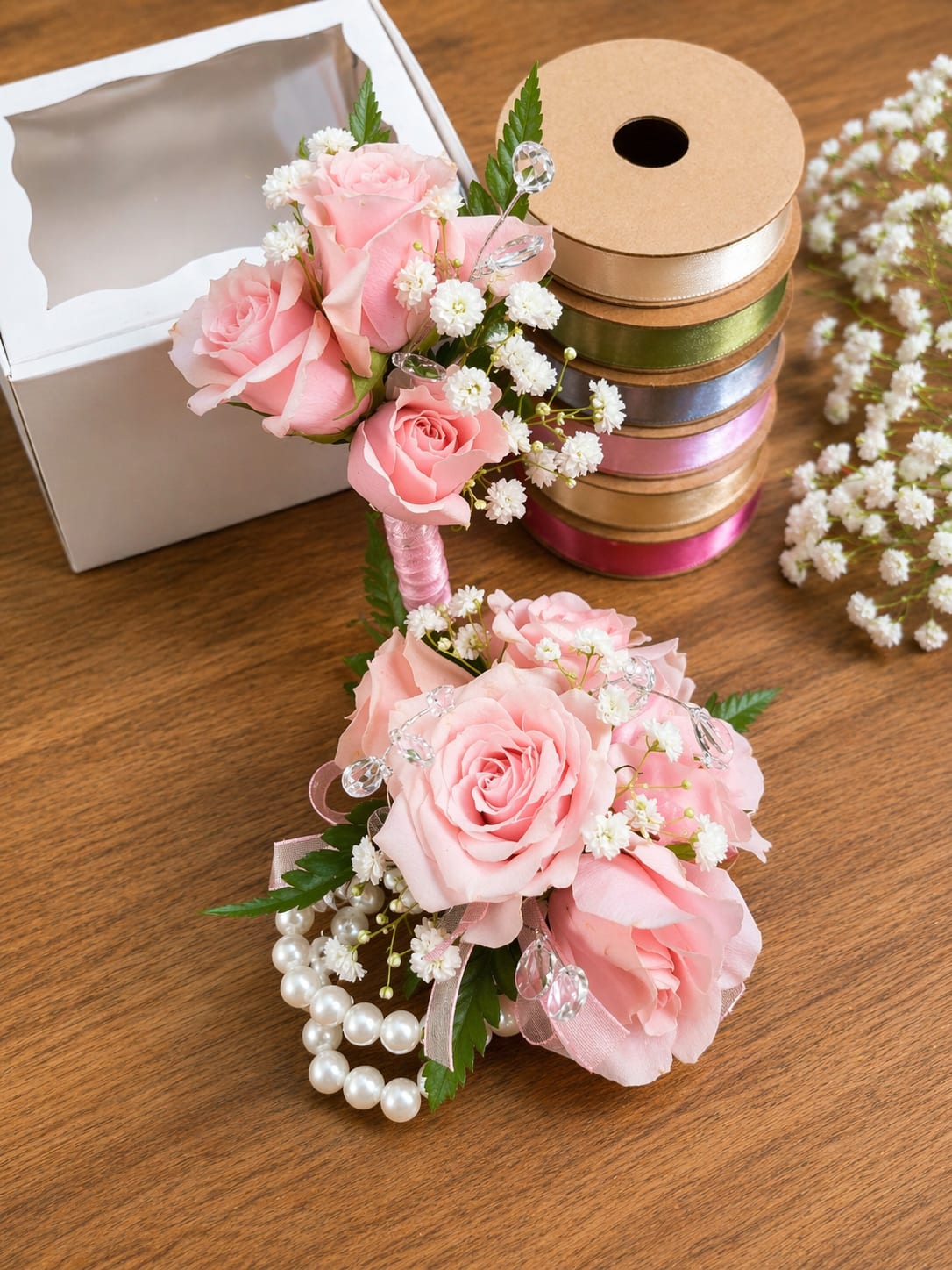 Blush pearl romance  - A soft and romantic set featuring blush pink roses, delicate baby’s breath, crystal accents, and a pearl bracelet finish. Perfect for prom, weddings, or elegant special occasions.