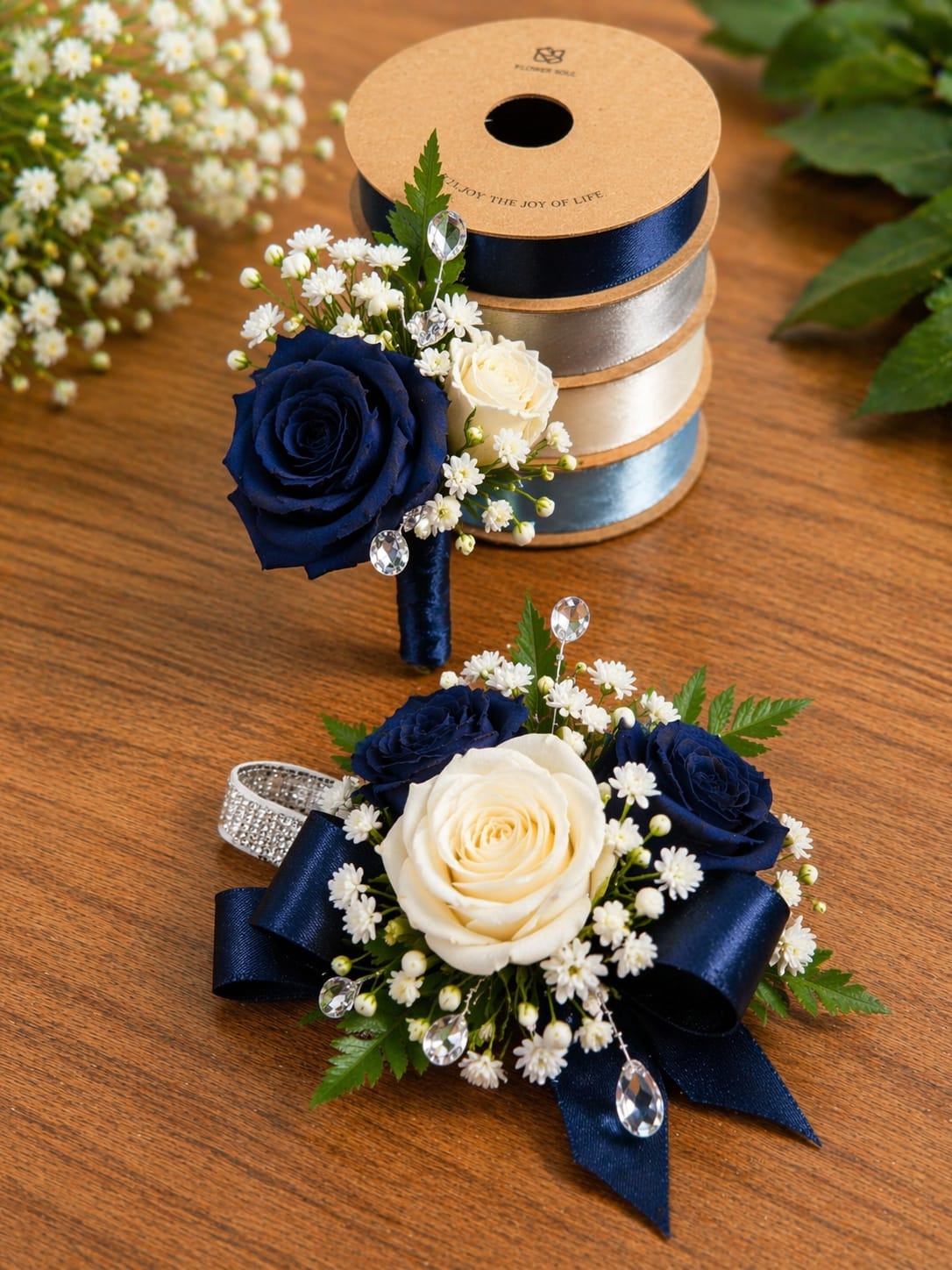 Midnight ivory elegance  - A sophisticated set featuring deep navy and ivory roses accented with baby’s breath, crystal details, and a pearl bracelet finish. Perfect for prom, weddings, or a timeless formal look.
