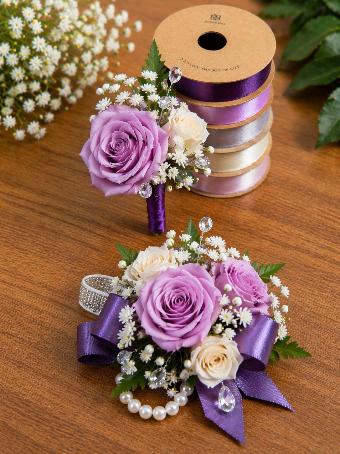 Lavander lux - An elegant set featuring soft lavender and ivory roses accented with baby’s breath, crystal details, and a pearl bracelet finish. Perfect for prom, weddings, or a romantic, modern look.