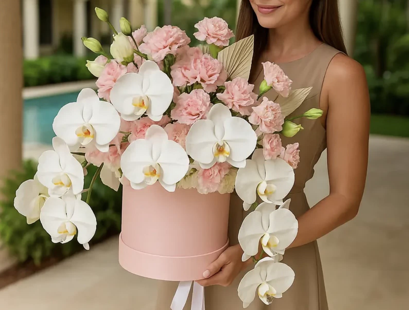 Luxury orchids any colors  -  Luxury Orchid &amp; Blush Bloom Box   Soft elegance, timeless beauty, and pure sophistication — this stunning floral box is designed to impress. Featuring graceful white orchids, delicate blush pink carnations, and premium seasonal blooms arranged in a luxurious pink hat box, it’s the perfect gift for life’s most special moments.  Perfect for:  Birthdays  Anniversaries  Mother’s Day  Congratulations  Romantic surprises  Luxury gifting   Fresh premium flowers  Elegant designer arrangement  Luxury hat box included  Same-day delivery available  Because some feelings are too beautiful for words — send flowers instead.  Order yours today and make someone smile beautifully! 