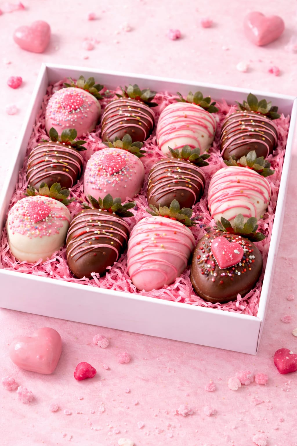 Box of chocolate-covered strawberries with pink and white drizzle