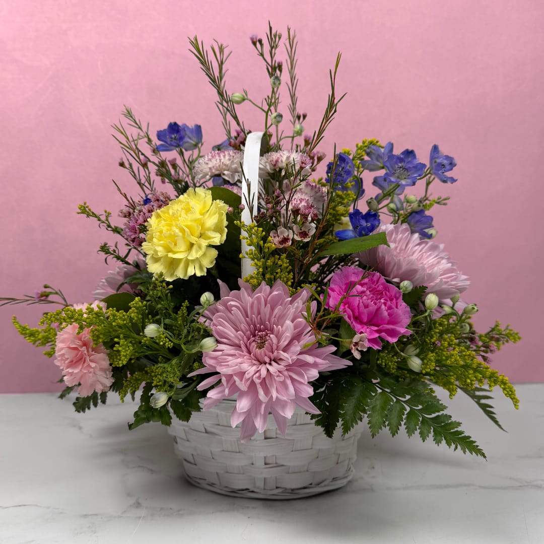 Celebrating You Basket - Our Celebrating You Basket is a joyful floral arrangement, a great choice for a birthday bouquet or spring gift that also reads perfectly as a Mother's Day, thank-you, or "just because" surprise. The garden-style mix of textures and mixed-color blooms creates an upbeat, celebratory impression that will make the person you're thinking of feel truly seen and appreciated.  Carefully arranged for a dense, rounded profile with a white handle, the Celebrating You Basket pairs colorful carnations, blue delphinium, and lavender chrysanthemums and button mums with small filler blooms to add depth and movement. The palette gives the design both softness and pop; the taller blue delphinium lifts the composition for a lively, airy silhouette. Ideal for spring gifting, birthdays, or a thoughtful thank-you, it arrives ready to display in its woven basket, simply add water every couple of days to keep blooms at their best.