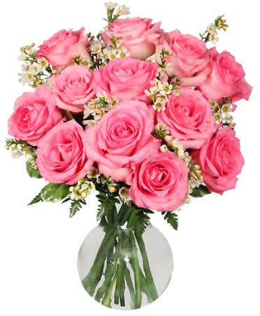 Pink roses arranged in a clear glass vase with small white filler flowers