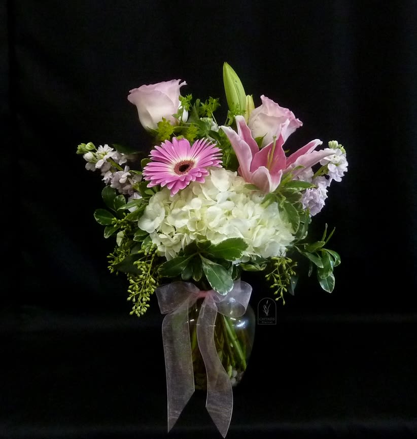 Pretty in Pink - Pretty in Pink is a Small vase arrangement in Pinks, Blush and White using hydrangea, roses, gerbera daisies, stock and lilies.