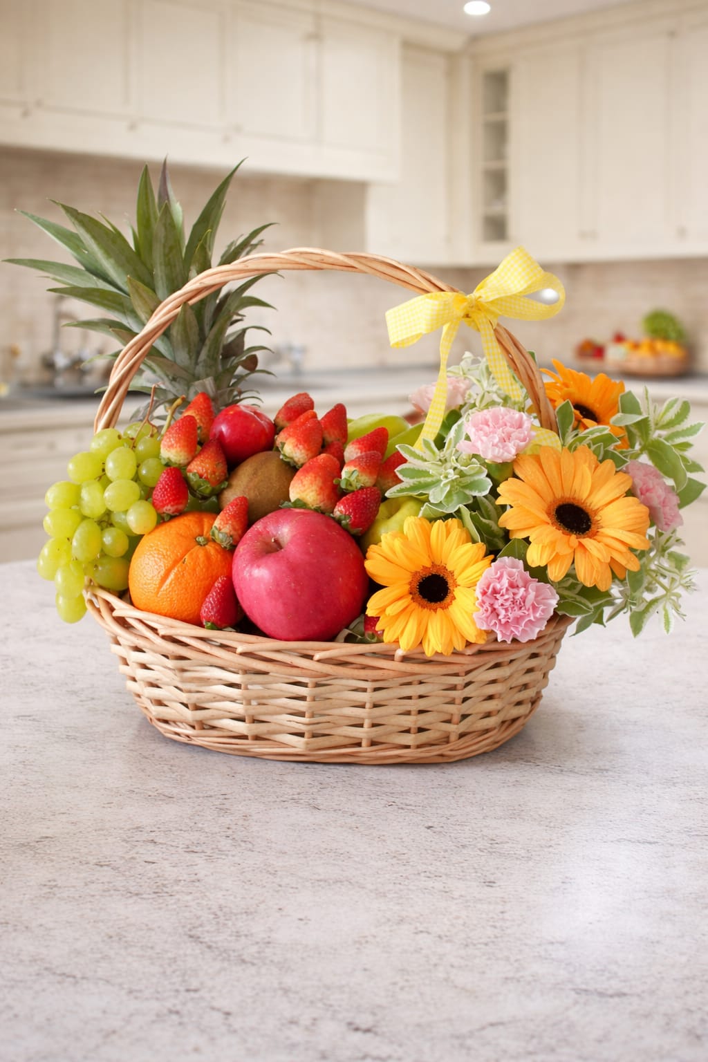 Fruit basket with flowers in a wicker basket