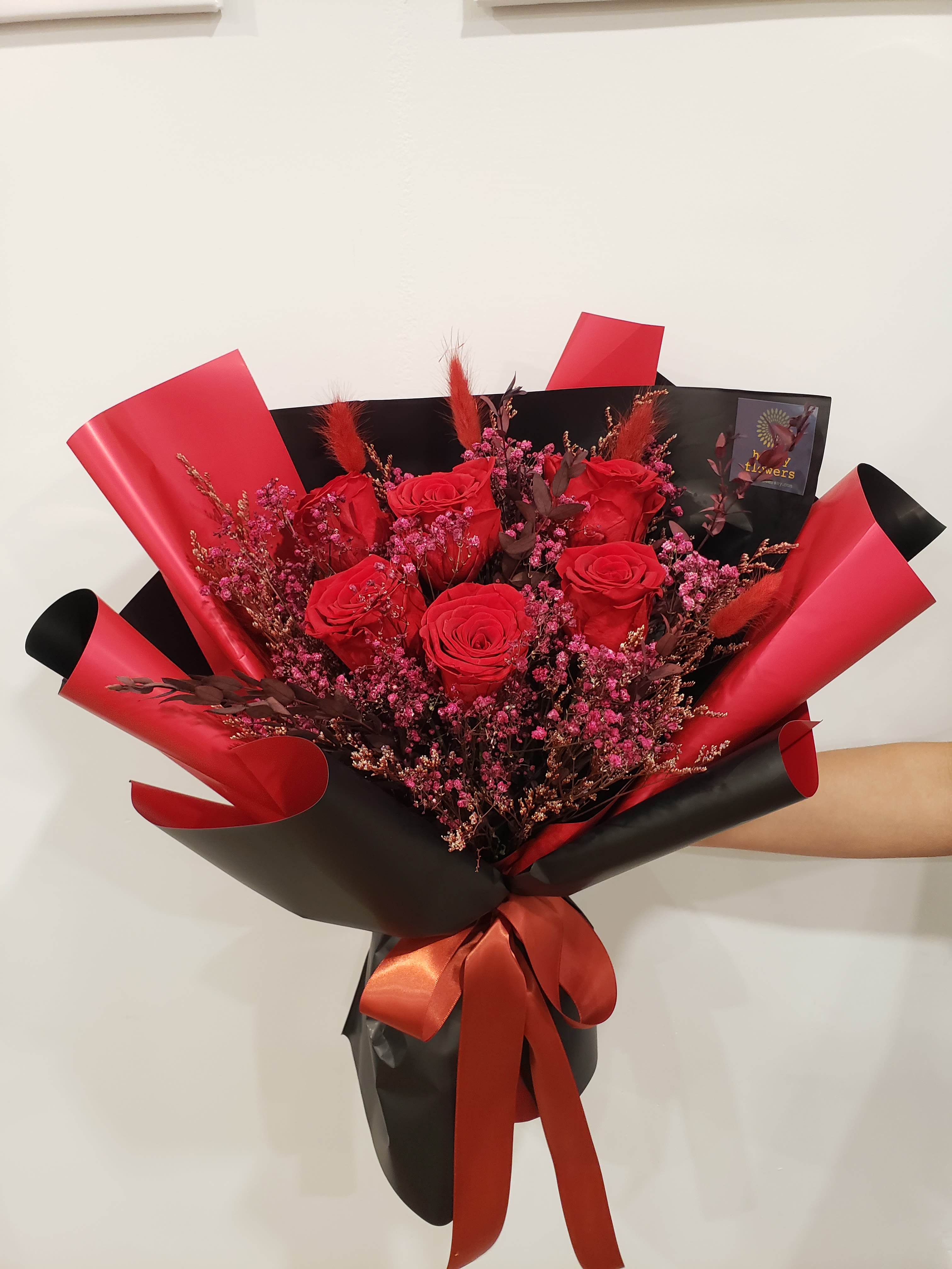 1/2dz red preserved rose bouquet - 6 red preserved roses mixed with hot pink preserved baby's breath and fillers