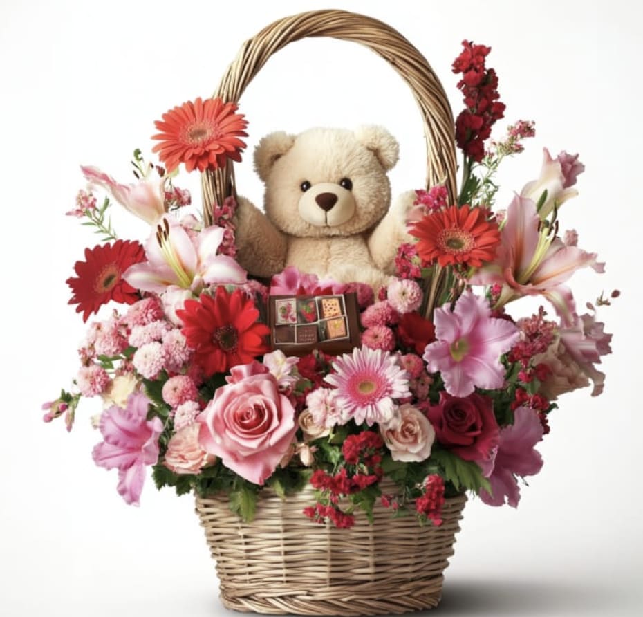 Floral Basket With a Teddy Bear - Dance into spring! Send this feminine basket of some favorite flowers to brighten someone's day with a cute teddy bear. Such a cute way to say, "I'm thinking of you!"