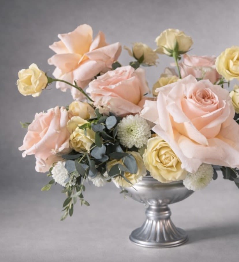 Blush &amp; Gilt - A refined arrangement of blush garden roses and champagne-toned spray roses, layered with soft white accents and sculptural eucalyptus. Designed with intentional asymmetry and negative space, this piece favors form, movement, and restraint over anything overly composed.  Set in a polished silver compote, Blush &amp; Gilt embodies a warm, gold-kissed palette with a distinctly elevated edge—subtle, sculptural, and unmistakably high-end.  Created for those drawn to design that feels curated, not conventional.