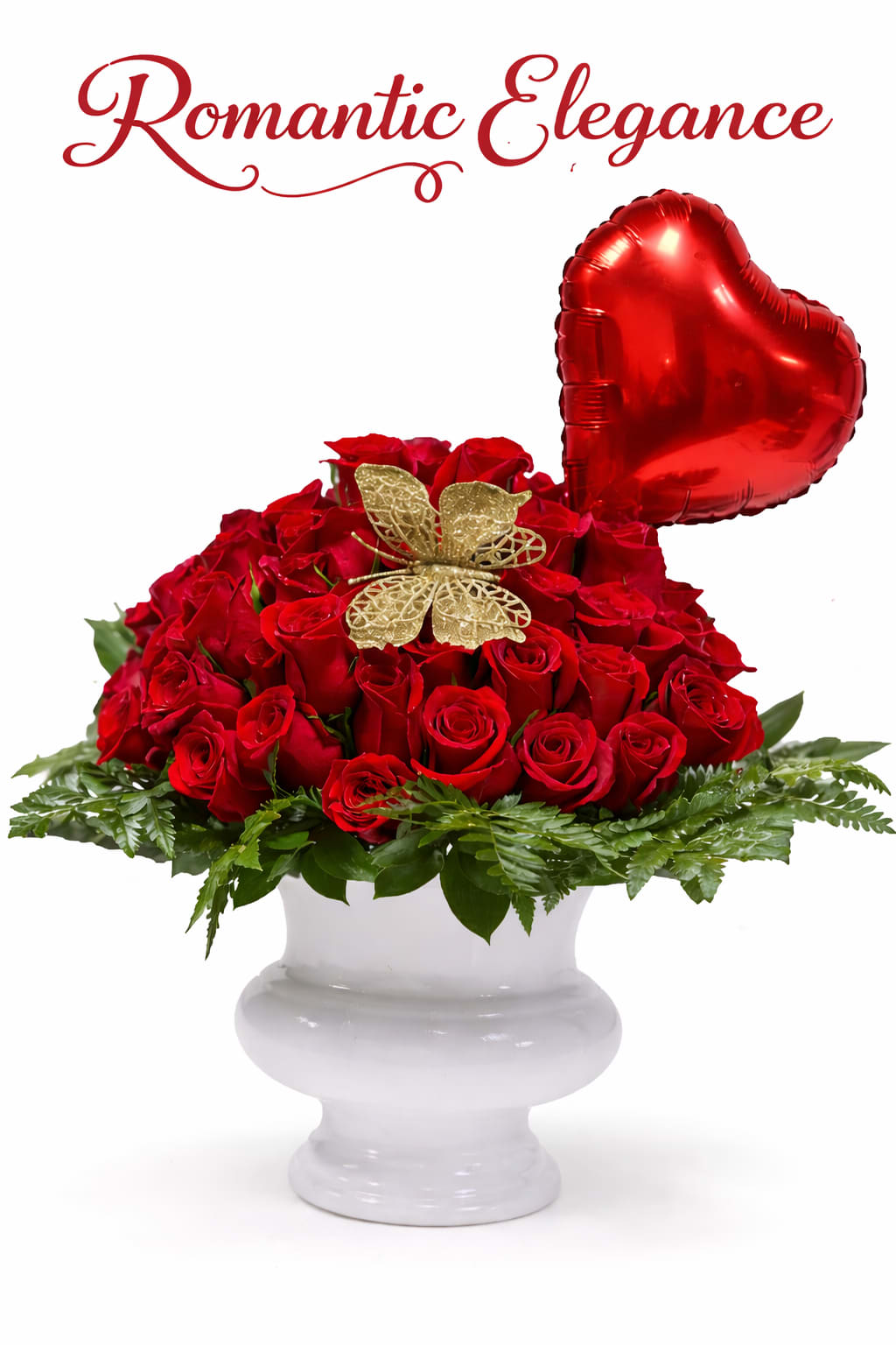 Romantic Elegance - Romantic Elegance is a luxurious statement arrangement featuring 100 premium red roses beautifully designed in a classic dome shape. Set in a timeless white ceramic vase and accented with lush greenery, this design creates a full, rich, and elegant look.  A delicate gold butterfly adds a touch of sophistication, while a vibrant heart-shaped balloon (included) enhances its romantic charm—making it the perfect gift to express deep love and admiration.  Ideal for anniversaries, Valentine’s Day, or any unforgettable moment, this breathtaking arrangement is crafted to impress and arrives ready to wow.