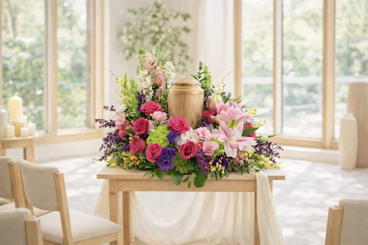 Garden of Remembrance - Garden of Remembrance A full, garden-inspired tribute designed to surround and honor a cremation urn, featuring abundant seasonal blooms including lilies, roses, larkspur, snapdragons, bells of Ireland, lilac, hydrangea, lisianthus, and oncidium orchids. Arranged in a natural, flowing style, this piece offers a soft yet vibrant presence, bringing light, color, and gentle comfort to the space.
