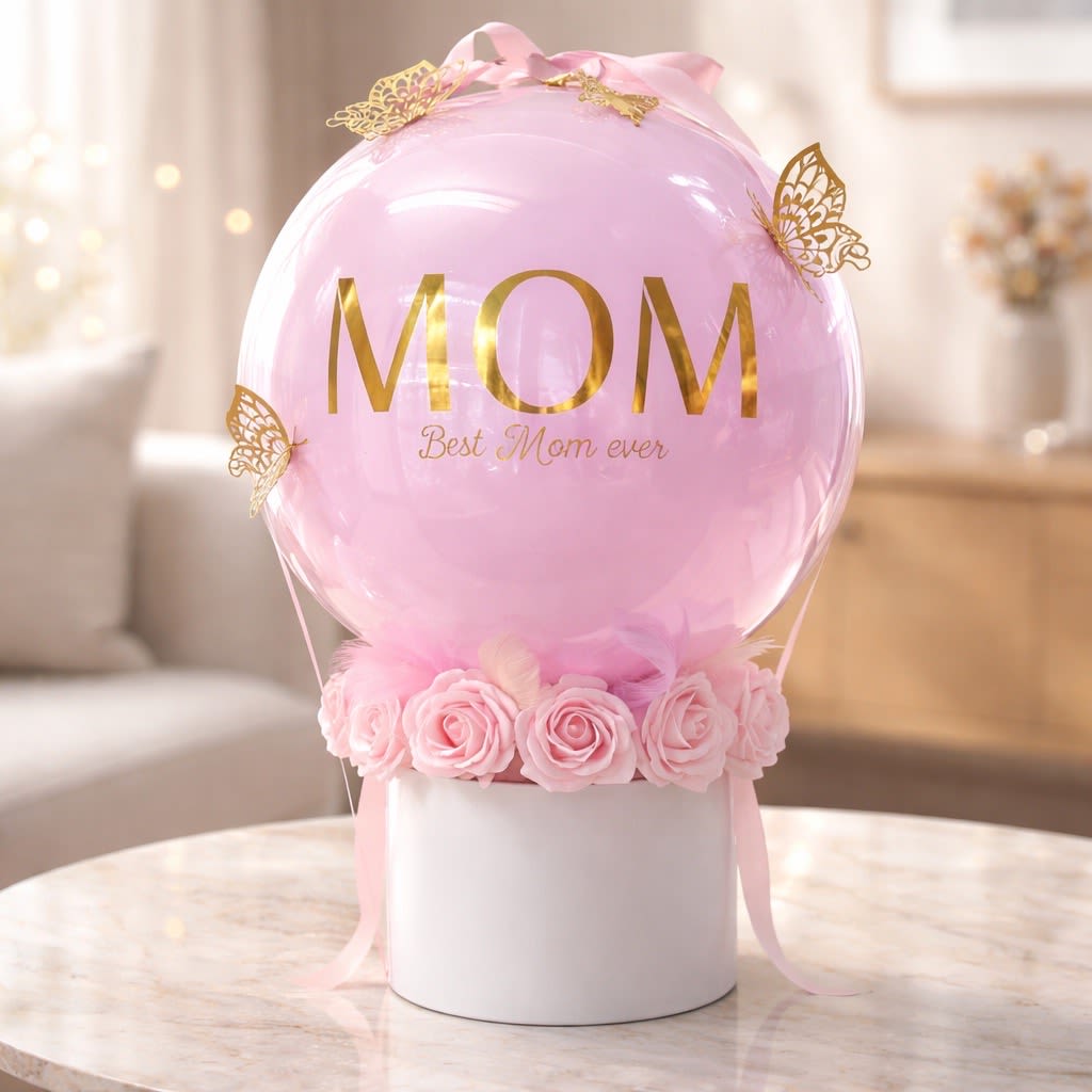 Bubbles purple of Joy - A pastel pink balloon printed with gold "MOM" lettering crowns this feminine flower arrangement, making it an instant standout for a Mother's Day bouquet or a heartfelt birthday surprise. The combination of lavender, purple, pink, white, and soft yellow tones reads like a gentle celebration-perfect when you want the person you're thinking of to feel cherished and seen.  A neat ring of pale pink roses encircles the balloon's base, nestled in a white cylindrical box tied with a soft pink ribbon. Gold butterfly accents float above the blooms for a delicate, celebratory shimmer; the overall texture is soft and romantic with a touch of festive sparkle. Sized to sit on a table or desk, this arrangement makes a graceful centerpiece or bedside surprise that conveys warm thanks and affection.
