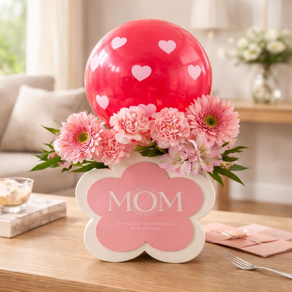 Bubble Of Mini Heart  - A cheerful Mother's Day flower arrangement that reads "MOM" on the box and sends a clear message of love and appreciation. Pink carnations and soft pink gerbera daisies mingle with pale alstroemeria in a white-and-pink decorative gift box, topped by a large red heart balloon printed with smaller white hearts - the result is instantly festive, affectionate, and perfectly suited for celebrating moms, grandmothers, or a mother-figure on her special day.  Textured ruffled carnations provide a full, comforting base while the gerbera centers add bright, open faces and the alstroemeria brings delicate, painterly blooms and greenery for contrast. Finished with a ribbon and a pink card tucked into the box, this arrangement arrives ready to gift and display on a kitchen table or mantel. The compact, box-style design makes it an easy centerpiece; include any personal message on the card at checkout to make her feel truly seen.