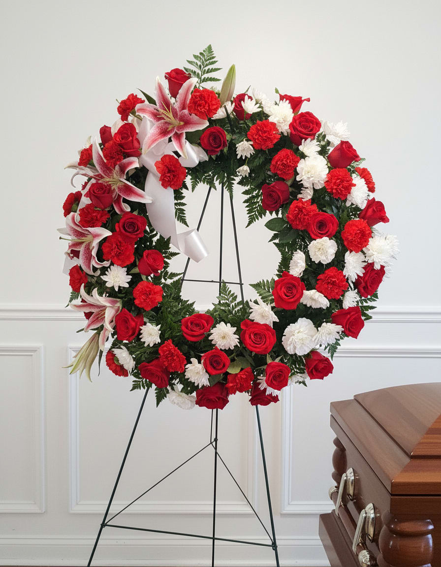 Red and White  Funeral Wreath - This beautiful wreath is a soothing mix of red and white roses and mums with an accent of oriental lilies 