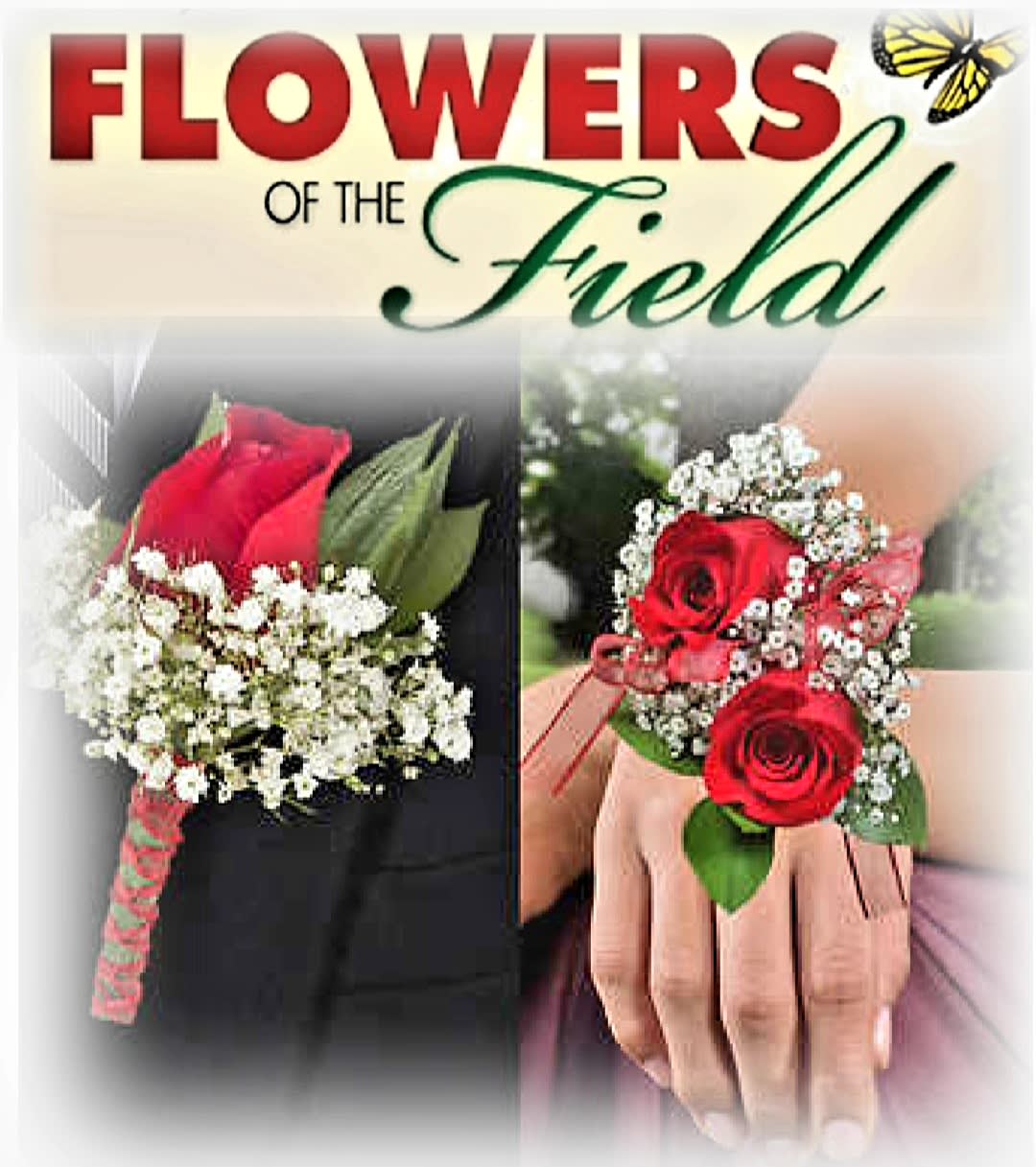 Promotional graphic showing red rose boutonnieres and the text "Flowers of the Field"